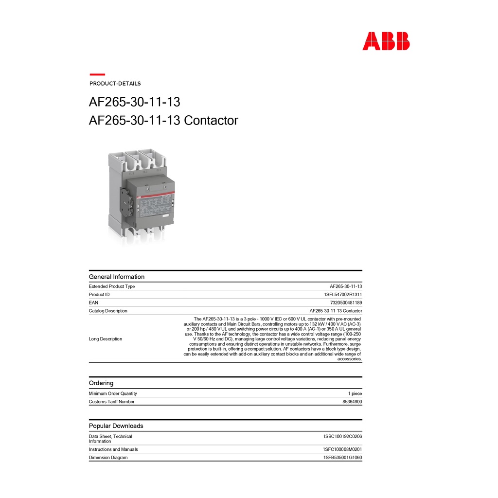 abb-af-range-af265-3-pole-contactor-400-a-230-v-ac-coil-3no-132-kw-รหัส-af265-30-11-13-1sfl547002r1311-เอบีบี