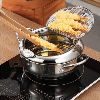 ☊☑♝Japanese Deep Fryer with Thermometer and Lid 304 Stainless Steel Kitchen Tempura Fryer Pan Fryer Without Oil Frying P