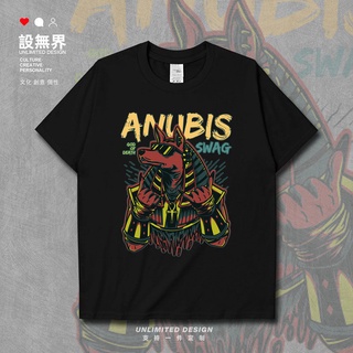 เสื้อยืดโอเวอร์ไซส์ชุด Unbounded ยุโรปและอเมริกา Street Anubis ตำนานอียิปต์โบราณ Death Wolf รูปแบบแขนสั้นเสื้อยืดผู้ชายแ