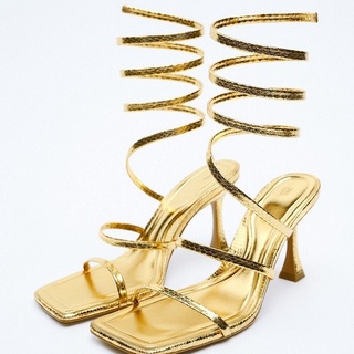 Zara ฤดูร้อนใหม่ รองเท้าผู้หญิง สายรัดเกลียว สีทอง แฟชั่นรองเท้าแตะส้นสูง 2312910 091