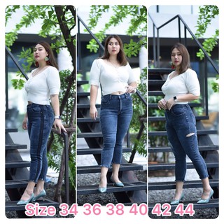 Plus Size เอว34-44” กางเกงยีนส์ฟอก เอวสูงขาเดฟ 7 ส่วน ทรงสวยมากค่ะ