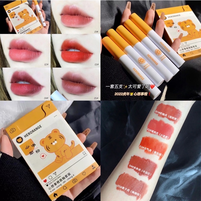 รูปภาพของHRลิปเซท5แท่ง (ใหม่/แท้) HERORANGE ลิปเนื้อกำมะหยี่ ลิปเวลเวท ลิปเจลลี่ทินท์ ครีมมี่ เนื้อนุ่มละมุนปาก สีชัด ติดทนลองเช็คราคา