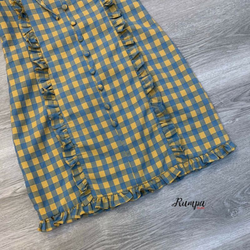 rumpa-brand-dress-เดรสตัวสั้น-คอเหลี่ยมผูกโบว์-แต่งแขนตุ๊กตาลายสก๊อต