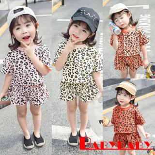 ♛♚♛0-5Y Toddler Infant Kids Baby Girls Clothes Set Summer Short Sleeve Leopard Cotton Round Neck T-shirt +Pants Clothing Outfit 2PCs