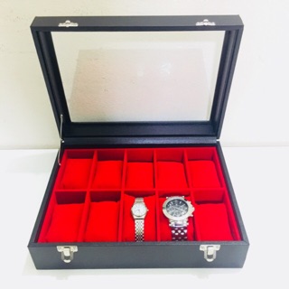กล่องใส่นาฬิกา 10 เรือน หรือ 10 ช่อง หมอนนิ่ม ขนาด 21.5x28.5x9 cm. กล่องสวยหรูดูดี กล่องสีดำ ข้างในแดง พร้อมส่ง
