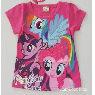 เสื้อยืดพิมพ์ลาย ม้าโพนี่ Rainbow Love สีชมพูเข้ม (ปักเพชร) เนื้อผ้ายืด spandex size : 12 (4-5y)