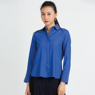 GSP เสื้อแขนยาว เสื้อเชิ้ตผู้หญิง Shirt เสื้อเชิ้ตแขนยาว สีน้ำเงิน ชายเสื้อหน้าสั้นหลังยาว (PT6PBU)