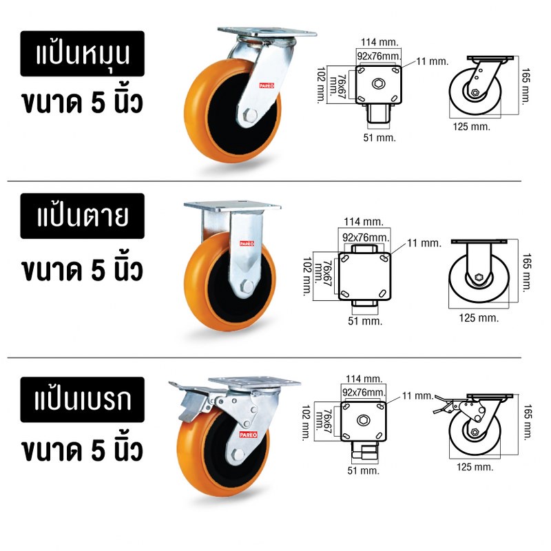 ลูกล้อ5นิ้ว-125มม-ล้อโพลียูรีเทนหน้าโค้ง-ล้อยูรีเทน-ล้อไม่แตก-ล้อขาเชื่อม-ล้อสำหรับงานหนัก-รับน้ำหนัก-250-375-กก