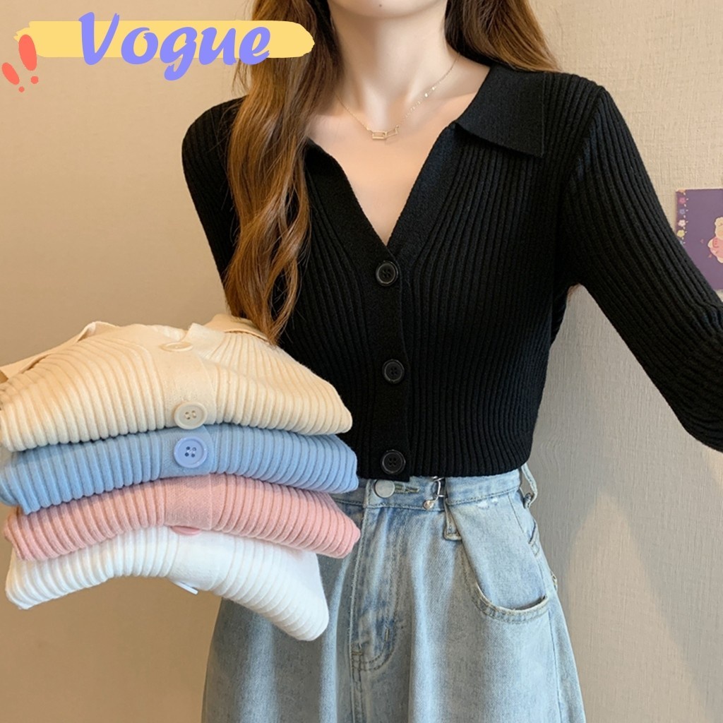 Vogue 🌟 พร้อมส่ง 🌟 เสื้อแขนยาวไหมพรม คอปก กระดุมด้านหน้าสีพาสเทลน่ารัก ...