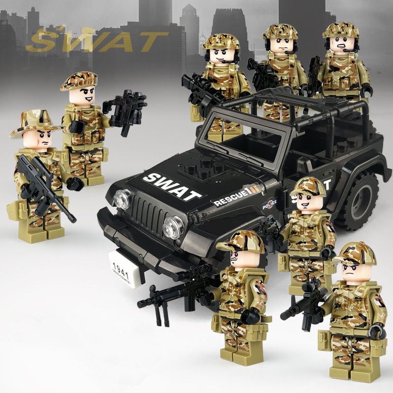 บล็อกตัวต่อฟิกเกอร์ทหาร-ซีรีส์เมือง-swat-ตํารวจ-รถจี๊ป-แบบประกอบ-ขนาดเล็ก