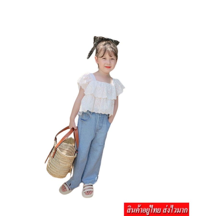 ภาพหน้าปกสินค้าCOCO ชุดเซ็ทเด็กผู้หญิง เสื้อลูกไม้+กางเกงยีนส์ขายาว รุ่น 99126