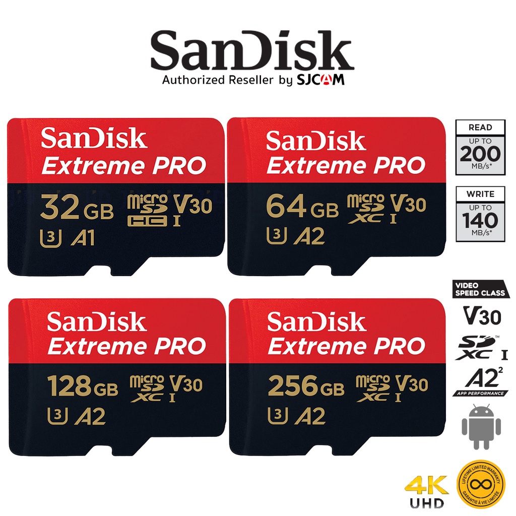 เกี่ยวกับสินค้า SanDisk Extreme Pro Micro SD Card 5K SDXC 32GB 64GB 128GB Speed R/W 200/90MB/s* (SDSQXCD) เมมโมรี่ การ์ด Gopro11 Drone