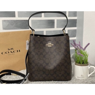 (ผ่อน0%) กระเป๋าสะพาย Coach 91512 Bucket ลาย c เข้ม สีน้ำตาล มีสายสะพายข้าง