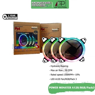 POWER MONSTER(พัดลมเคส)COOLING FAN A120 RGB/120mm/(Pack3 Remote)ประกัน1ปี