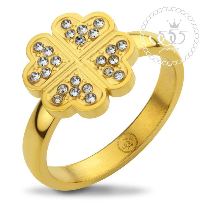 555jewelry-แหวนสแตนเลส-สตีล-หัวแหวนรูปใบโคลเวอร์-ตกแต่งด้วยเพชร-cz-รุ่น-mnr-358g-แหวนผู้หญิง-แหวนสวยๆ-แหวนแฟชั่น-r84