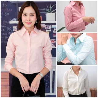 เสื้อเชิ้ตหญิง **พาสเทล** แขนยาว (โพสนี้ 5 สี = ขาว โอรส เขียวหยก สีกะปิ เหลืองครีมอ่อน ไซส์ 34-52)