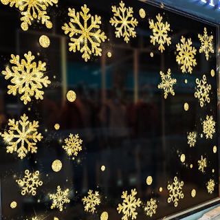【Zooyoo】สติ๊กเกอร์ติดผนัง วอลล์เปเปอร์คริสต์มาสสติกเกอร์ประตูคริสมาสต์การตกแต่งเกล็ดหิมะทองแก้วฝุ่น
