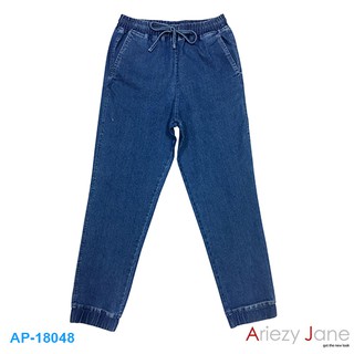 Ariezy Jane AP-2216 กางเกงยีนส์ 5ส่วน ผ้ายีนส์ยีดฟอกสีเข้ม เอวยางผูกเชือก กระเป๋าหน้าหลัง ปลายขาจัมพ์