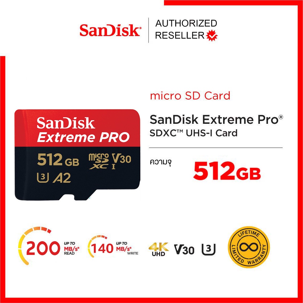 ภาพประกอบคำอธิบาย SanDisk Extreme Pro microSD 512GB ความเร็ว อ่าน 200MB/s เขียน 140MB/s (SDSQXCD-512G-GN6MA*1) เมมโมรี่ การ์ด แซนดิส ประกัน Synnex ตลอดอายุการใช้งาน