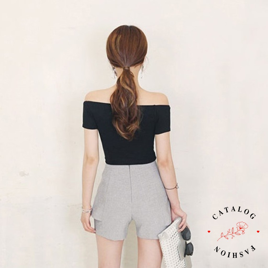 sale80-เสื้อครอปแขนสั้น-ปาดไหล่-ผ้ายืด