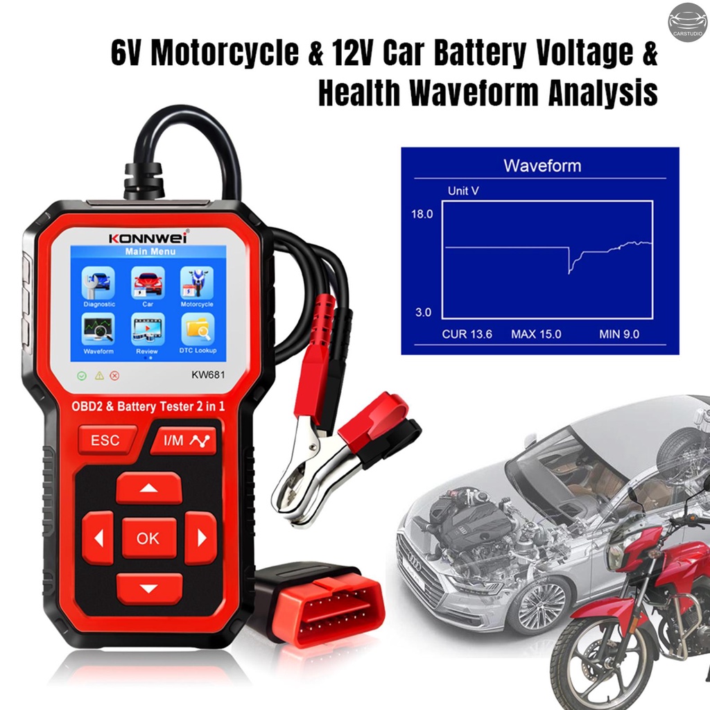 konnwei-kw681-เครื่องทดสอบแบตเตอรี่รถยนต์รถจักรยานยนต์-amp-obdii-เครื่องมือสแกนเนอร์วิเคราะห์-obdii-2-in-1