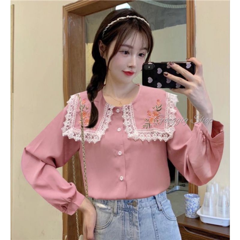 เสื้อแขนยาวแต่งปกเสื้องานปัก-ฉลุ-จะใส่ทำงานหรือใส่เที่ยวก็ได้-เนื้อผ้าไหมเกาหลี