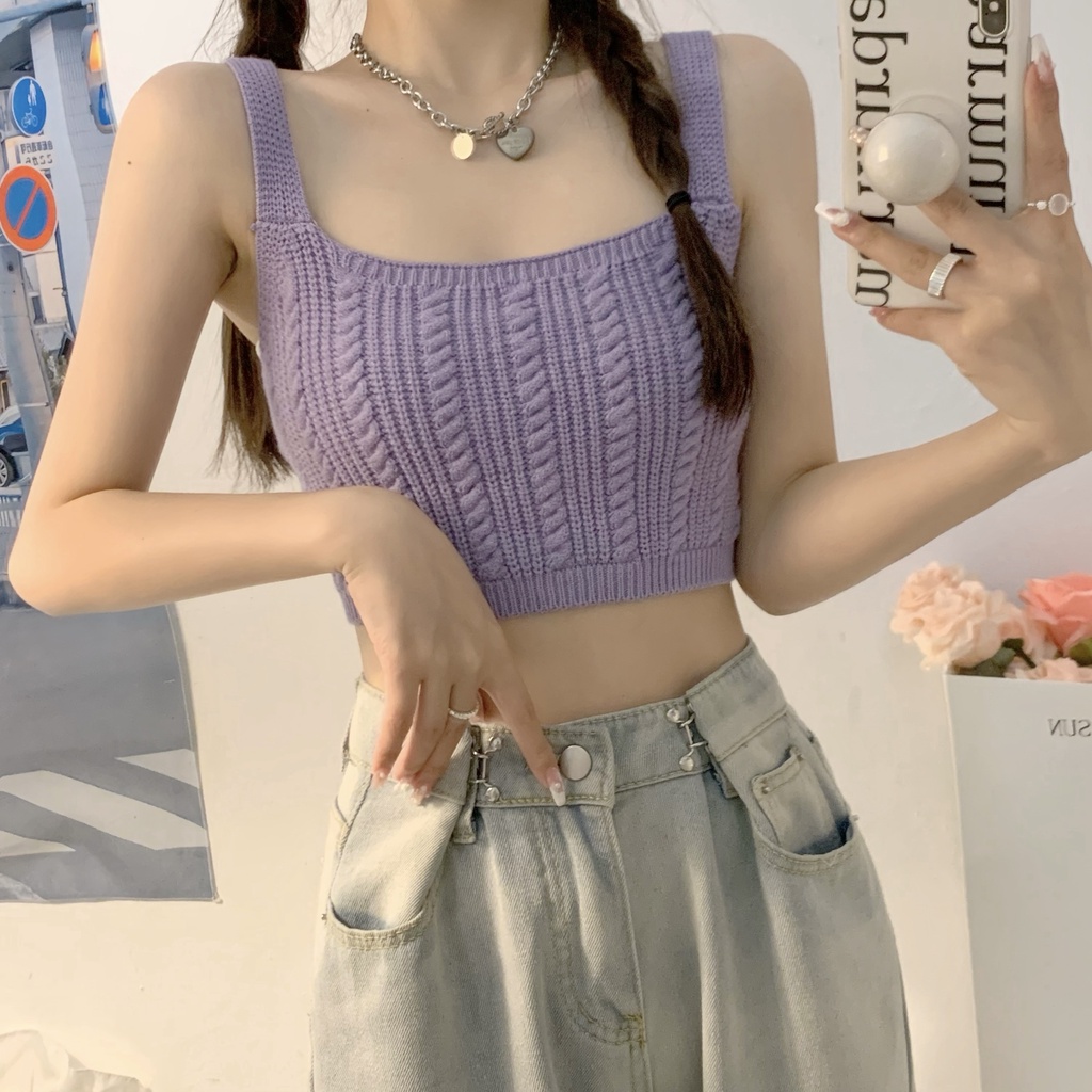 anna-fashion-44125เสื้อครอปสายเดี่ยวไหมพรม-สีซัมเมอร์น่ารัก-แมทช์ง่าย-ผ้านิ่มผ้ายืดใส่สบาย