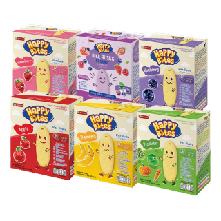 Happy Bites แฮปปี้ไบท์ ขนมข้าวอบกรอบสำหรับเด็ก ขนาด 50 กรัม หลากหลายรสชาติให้เลือก Happy Bites Rice Rusks