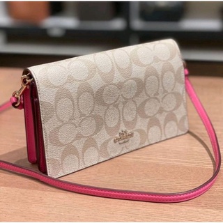 🎀 (สด-ผ่อน) กระเป๋าสะพายสีเบจลายซีสายชมพู COACH 3036 CONFETTI PINK FOLDOVER CROSSBODY CLUTCH