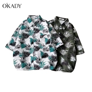 สินค้า OKADY เสื้อผู้ชาย เสื้อฮาวายผู้ชายแฟชั่นพิมพ์แนวโน้มระบายอากาศสุทธิสีแดงเหมือนกันหลวมแนวโน้มชายหาดเสื้อแขนสั้นเสื้อแขนสั้นผู้ชายเสื้อ