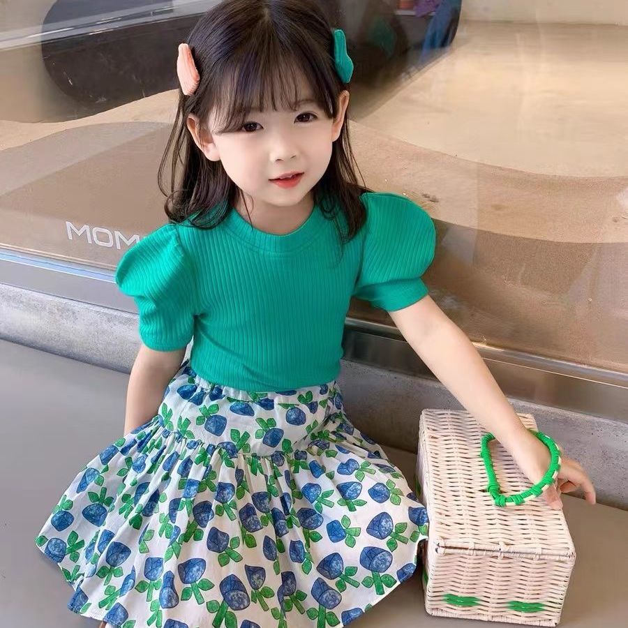 babycat-พร้อมส่ง-ลดกระหน่ํา-ชุดเสื้อยืดแขนพัฟ-กระโปรง-ลายดอกไม้-สีเขียว-สไตล์เกาหลี-ญี่ปุ่น-ฤดูร้อน-สําหรับเด็กผู้หญิง-2022