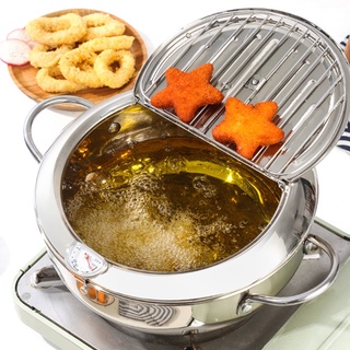 ⊕∈Kitchen Deep Frying Pot with Thermometer and Lid 304 Stainless Steel Tempura Fried Chicken Mini Fryer Pan Cookware Kit