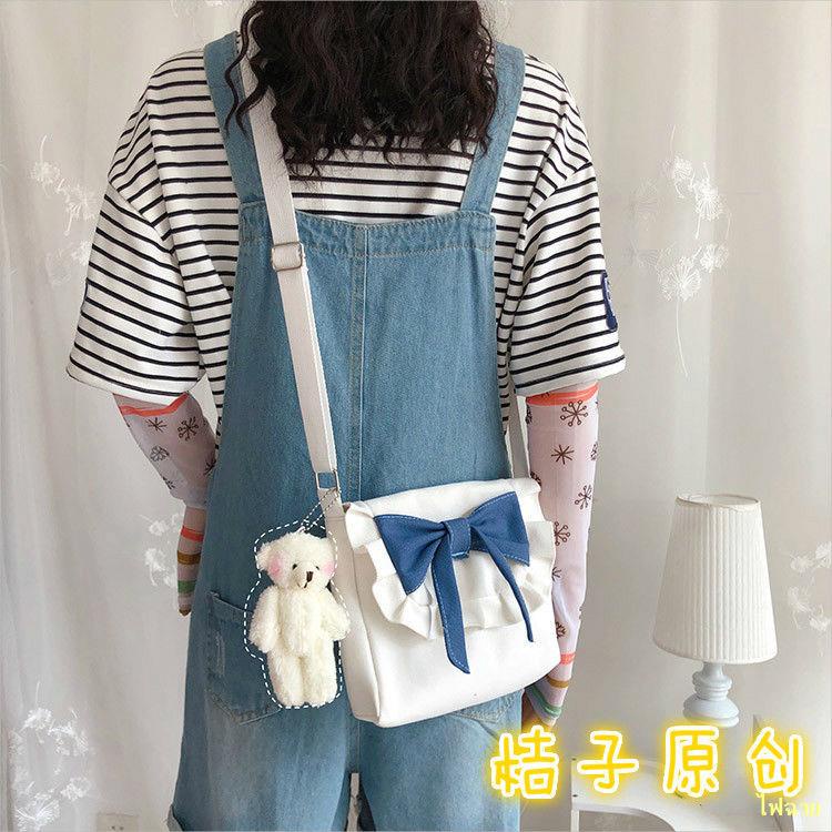 hot-sale-lolita-retro-sweet-bow-soft-girl-canvas-bag-korean-ins-girl-heart-messenger-bag-jk-bag-กระเป๋า