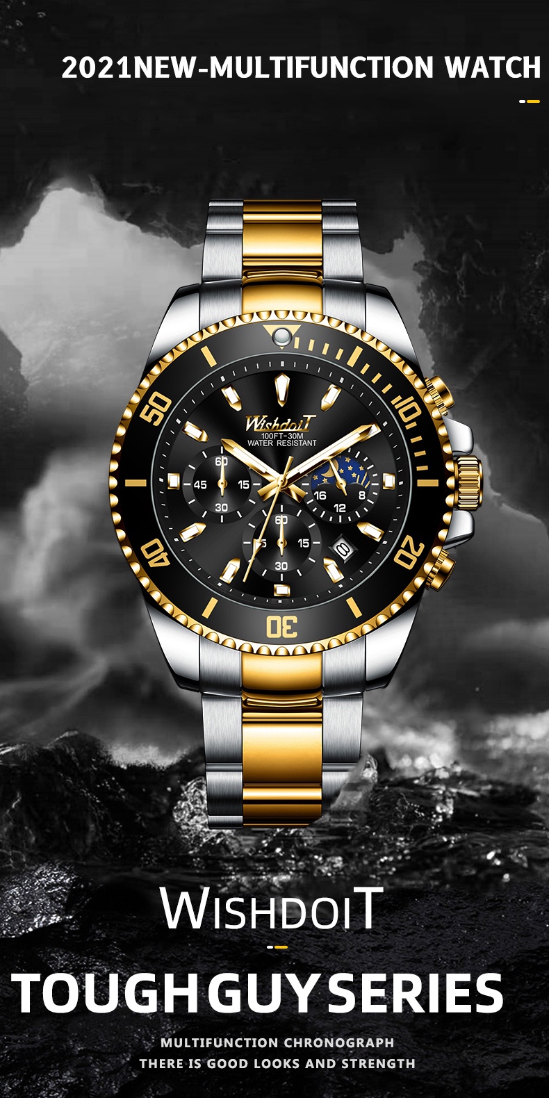 ข้อมูลประกอบของ WISHDOIT นาฬิกาข้อมือผู้ชาย นาฬิกาควอตซ์ สายสเตนเลส สไตล์สปอร์ต สีดำ หน้าปัดเรืองแสง
