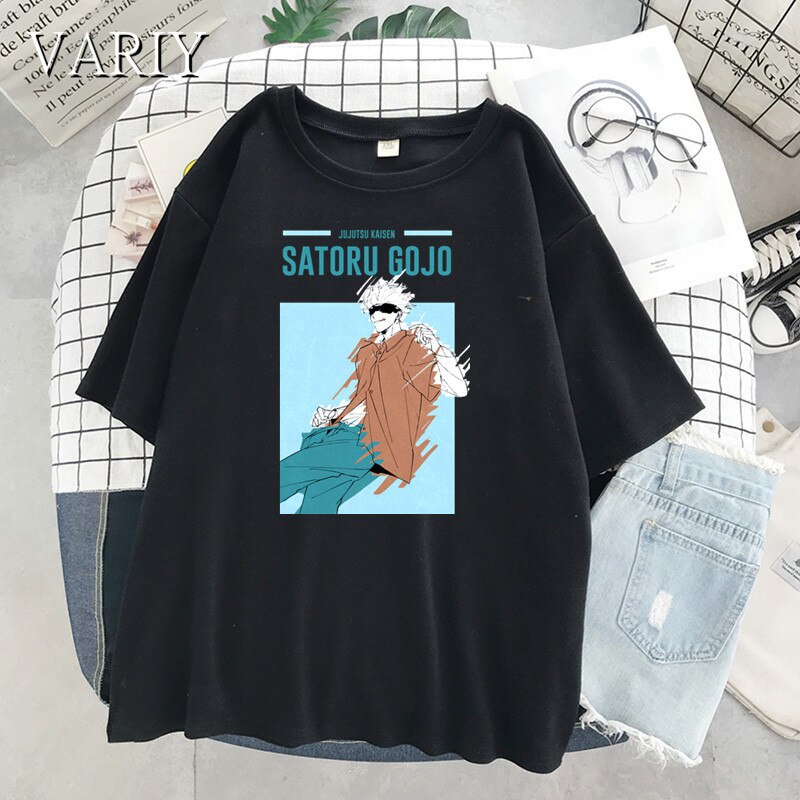 เสื้อยืดผ้าฝ้ายพิมพ์ลายคลาสสิก-ขายดี-เสื้อยืดแขนสั้นลําลอง-แบบนิ่ม-พิมพ์ลายอนิเมะ-jujutsu-kaisen-gojo-satoru-ทรงหลวม-แฟช