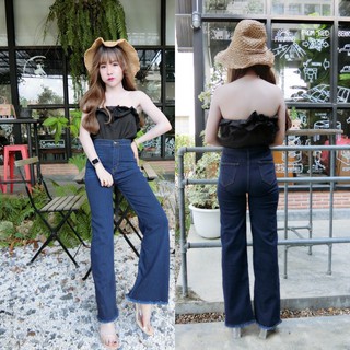 ภาพขนาดย่อของสินค้าCc jeans 087 S-2XL กางเกงยีนส์ผู้หญิง เอวสูง ขาบาน สีเข้ม