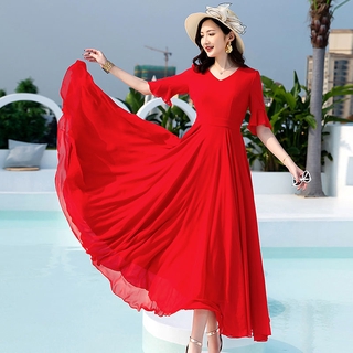 2020ใหม่ฤดูร้อนชายหาดกระโปรงยาวชุดชีฟองสีแดงหญิงส่วนยาวแกว่งใหญ่ผอมกระโปรงยาวนางฟ้า