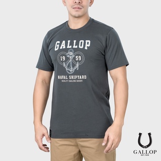 เสื้อยืดสีขาวGALLOP : เสื้อยืดผ้าคอตตอนพิมพ์ลาย Graphic Tee รุ่น GT9104 สีเทาชาโคล / ราคา 790.-