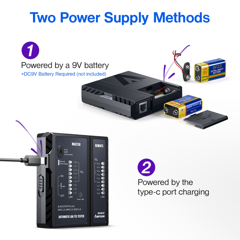 ampcomเครื่องทดสอบสายเคเบิลเครือข่าย-ตัวทดสอบสายเคเบิลเครือข่ายrj45-3-5ช่องต่อสายlanเครื่องมือทดสอบสายlanอุปกรณ์ซ่อมแซมเครือข่ายสีดำ-แดง