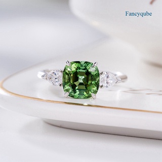 Fancyqube แหวนเงิน 925 ประดับเพทาย ทรงสี่เหลี่ยม สีเขียว เครื่องประดับแฟชั่นสตรี