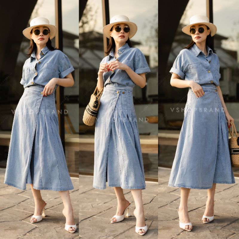 ทักก่อนสั่ง-9118-ชุดเซท2ชิ้น-ผ้ายีนส์ฟอก-เสื้อคอปกแขนสั้น-อก38-กระโปรงจับจีบ-vshop