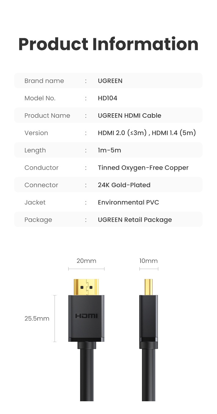 ข้อมูลเกี่ยวกับ UGREEN อะแดปเตอร์สาย HDMI 4K/60Hz HDMI 2.0 สำหรับ PC TV Xiaomi Mi Box PS4