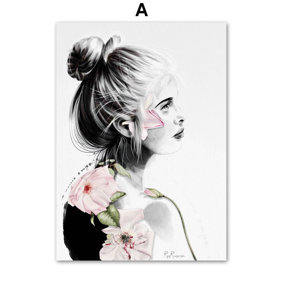 โปสเตอร์ภาพวาดผ้าใบพิมพ์ลายดอกไม้-young-girl-abstract-สําหรับตกแต่งผนังบาร์