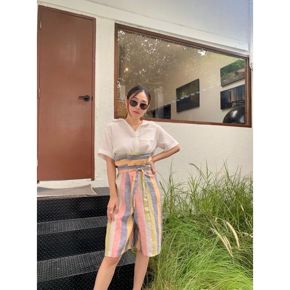 Charlotte Irony รุ่น Stripe Wrapped Pant กางเกงป้ายขาสั้น ทรงดีมากเหมาะกับวันสบายๆ สีสวย เนื้อผ้าลินินอย่างดี
