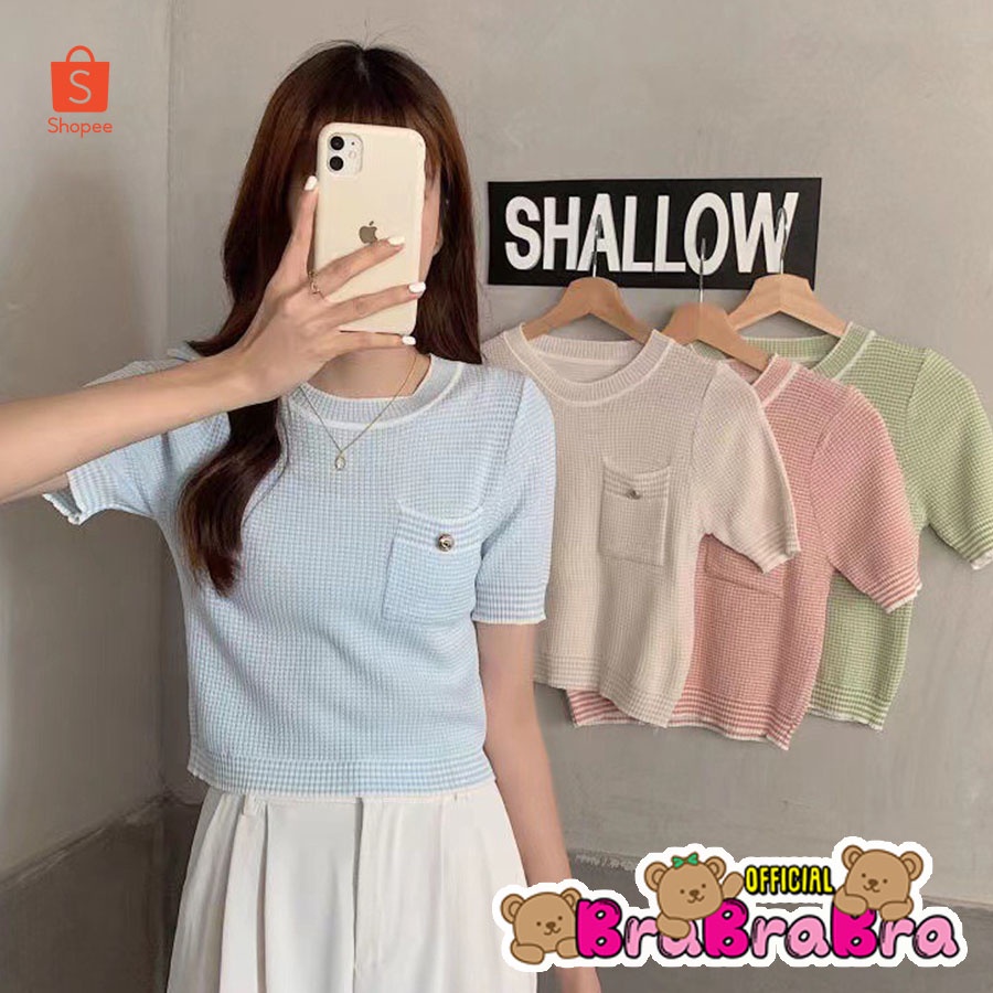 ภาพหน้าปกสินค้า𝑩𝒓𝒂𝑩𝒓𝒂𝑩𝒓𝒂 เสื้อแขนสั้นไหมพรม สีพื้น f-080