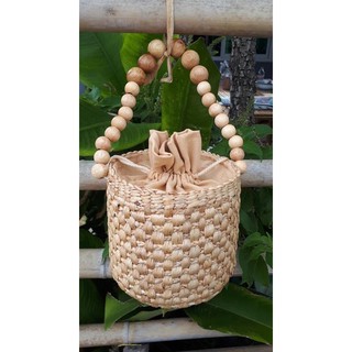 🌿Natural Woven hand bags #กระเป๋าสาน #กระเป๋าผักตบชวา ทรง ถัง mini + ลูกปัดไม้ไซค์ 6” นิ้ว 6” inch