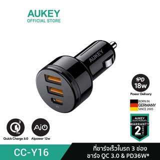 ภาพหน้าปกสินค้าAUKEY CC-Y16 PowerAuto 36W PD Car Charger ชาร์จเร็วในรถ QC 3.0 2 ช่อง ชาร์จเร็ว Power Delivery 1 ช่อง รุ่น CC-Y16 ที่เกี่ยวข้อง