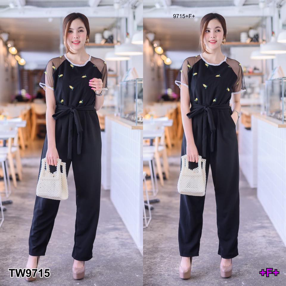 จั๊มสูทแขนสั้นผ้ามุ้งซีทรูปักลายสับปะรด-tw9715