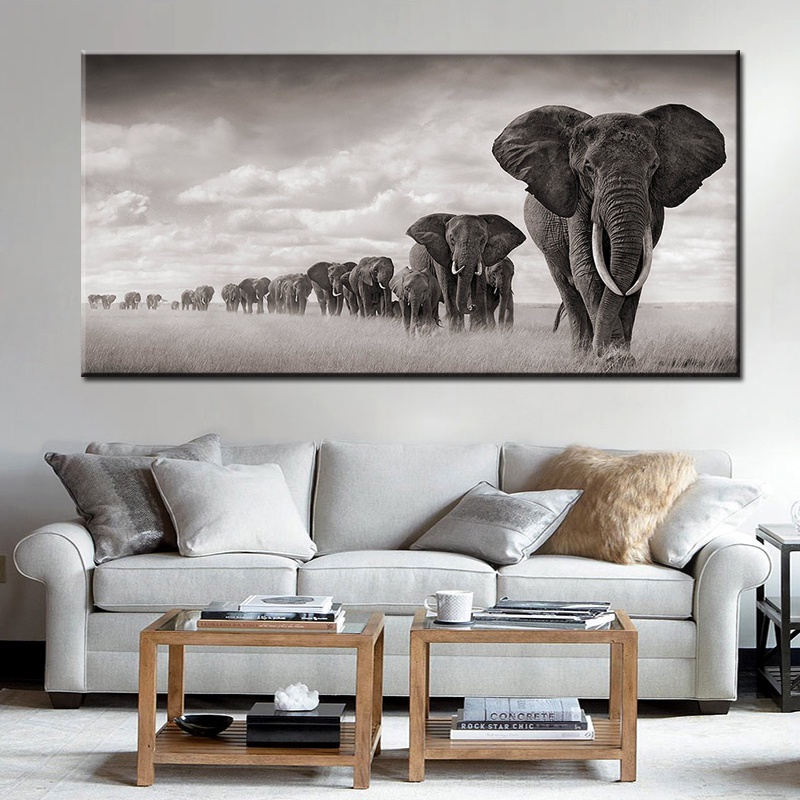โปสเตอร์ภาพวาดผ้าใบ-รูปสัตว์ป่า-ช้างแอฟริกัน-สีดํา-สําหรับตกแต่งผนัง-ห้องนั่งเล่น