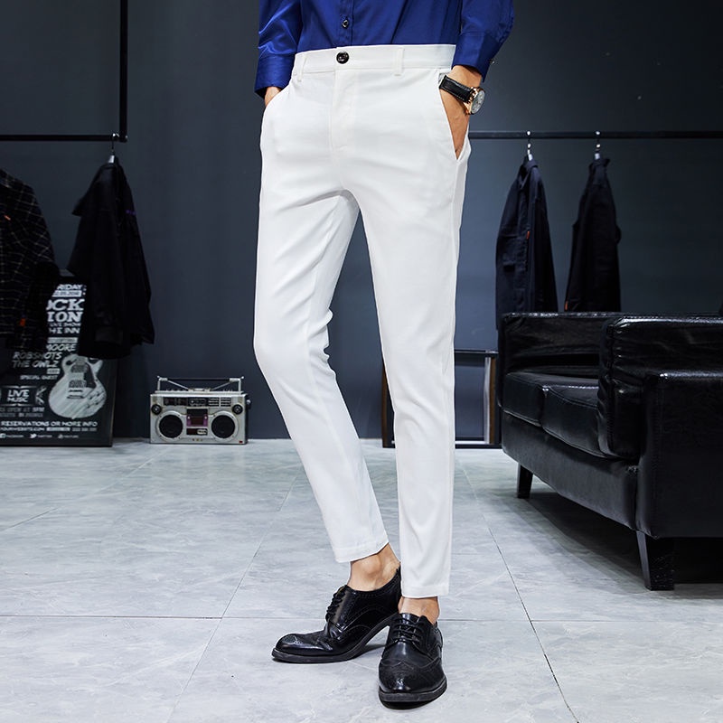กางเกงขายาวผู้ชายทรงสลิมฟิตสไตล์เกาหลีกางเกงสูทแฟชั่นสีทึบกางเกงขายาวลำลองผู้ชายสีขาว